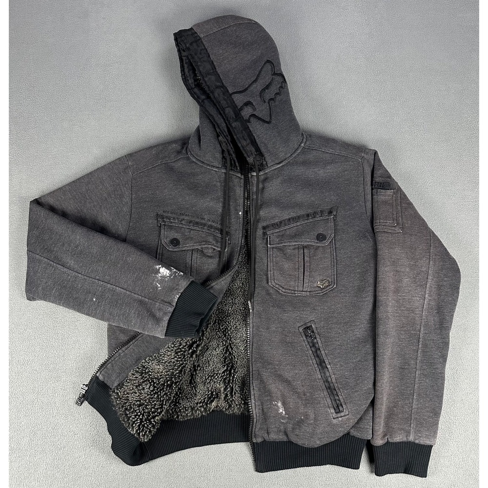 Fox Racing Hoodie Jacket Medium Grey Distressed Sasquatch Sherpa Lined Y2K Moto